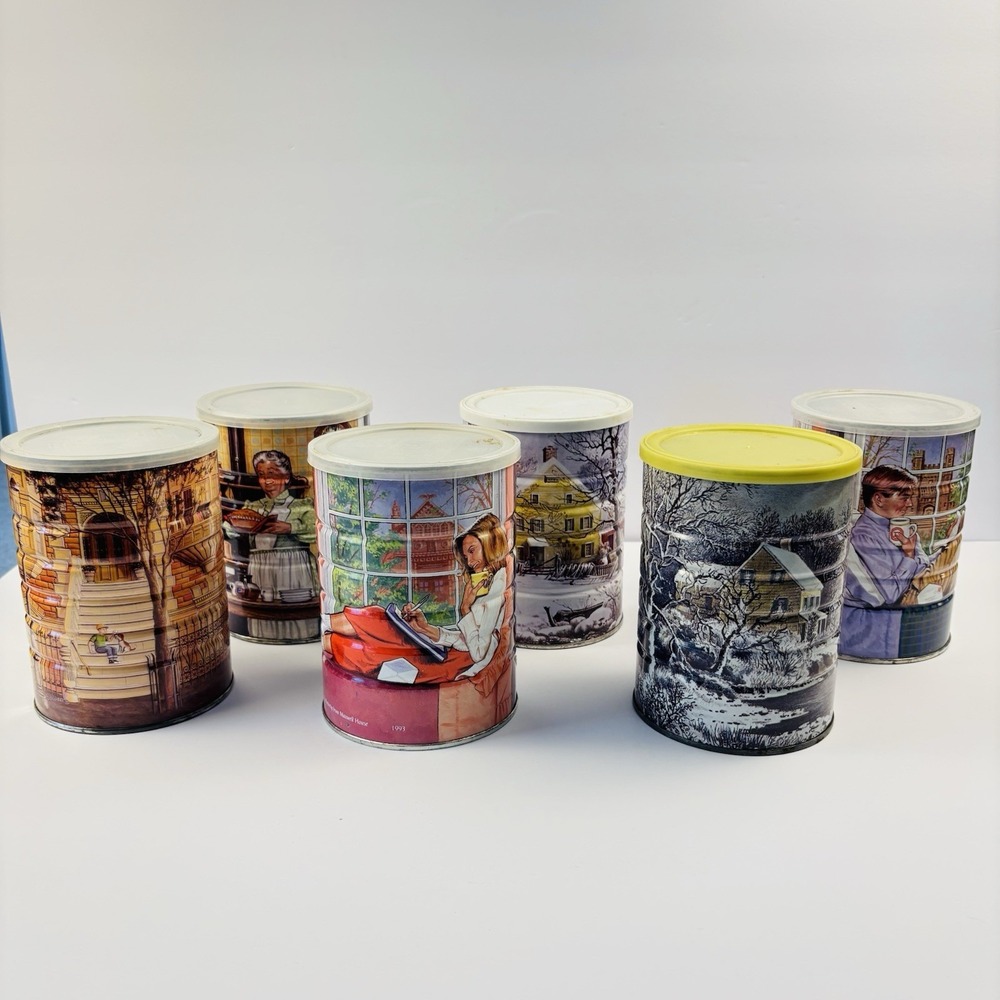6 Vintage Maxwell House Coffee Cans Currier & Ives American Homestead 1990 's